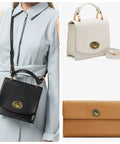 Collage of three purses with bronze oval turn-lock clasps: black shoulder bag, cream handbag, tan wallet.