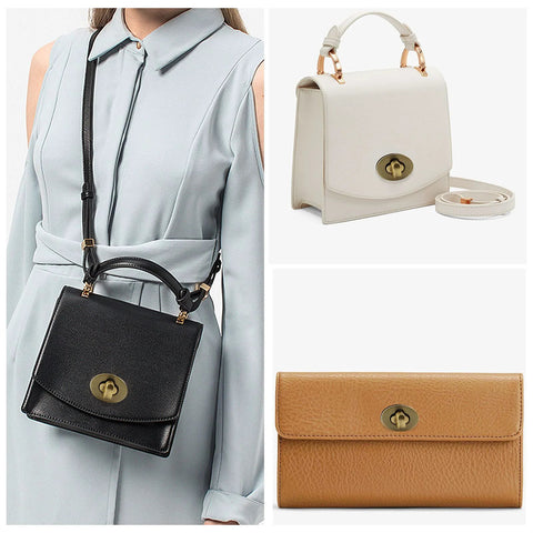 Collage of three purses with bronze oval turn-lock clasps: black shoulder bag, cream handbag, tan wallet.