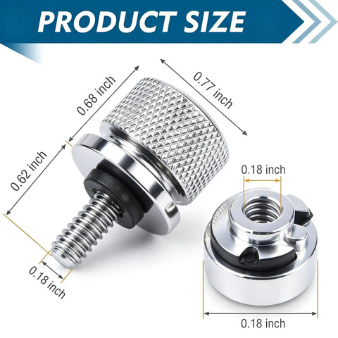 Heavy Duty 304 Stainless Motorcycle Seat Bolt Screw And Nut Kit Built For Hassle Free Swaps Featuring Diamond Knurling Grip, size dimensions.