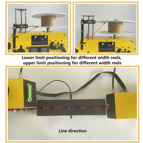 Hustle Ready Desktop Filament Extruder Machine With Integrated Auto Coil Winder showing reel positioning adjustments and line direction.