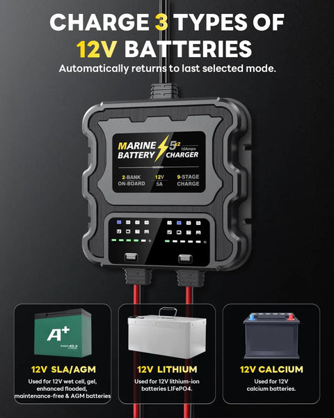 Two Bank Marine Battery Charger 12V 10A Waterproof Onboard Boat Charger With Auto Switch For 12V SLA, Lithium, Calcium Batteries