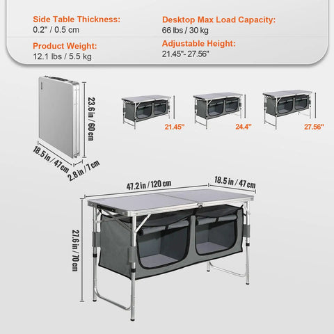 Camping Kitchen Station With Three Adjustable Heights, Folding Outdoor Camp Cooking Table With Storage Organizer, Cupholders
