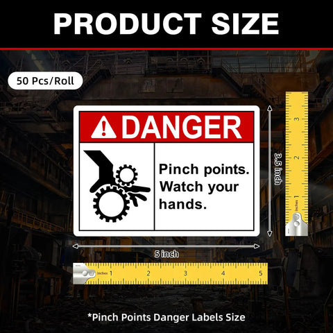 Pinch Point Danger Labels 50 Pcs, 5 X 3.5 Inch Durable PET Vinyl Safety Stickers, OSHA Compliant Warning Decals shown with rulers.
