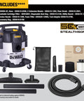 Dewalt Solid Pick 5 Gallon Wet And Dry Shop Vacuum featuring attachments, including hose, wands, and filters for versatile cleaning.