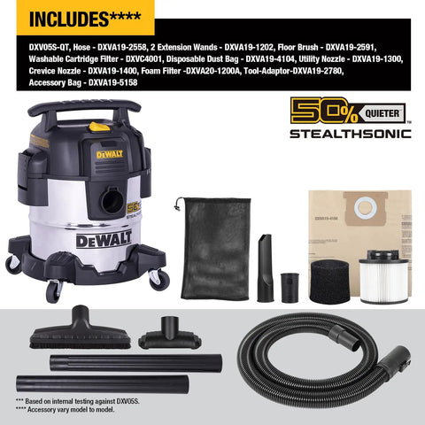 Dewalt Solid Pick 5 Gallon Wet And Dry Shop Vacuum featuring attachments, including hose, wands, and filters for versatile cleaning.