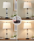 Three Way Dimmable Touch Control Glass Table Lamps Set Of Two With USB Ports And AC Outlet showing dimming options and USB port.