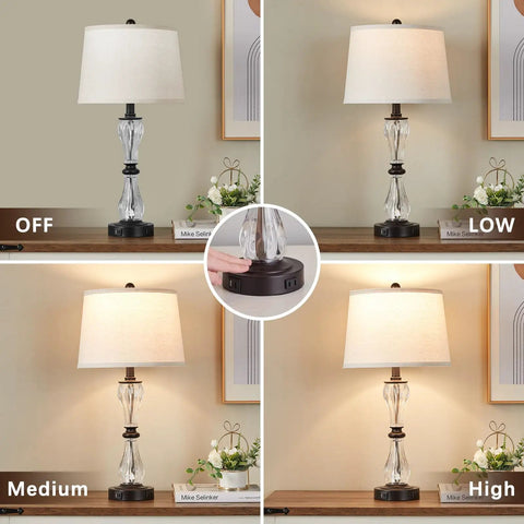 Three Way Dimmable Touch Control Glass Table Lamps Set Of Two With USB Ports And AC Outlet showing dimming options and USB port.