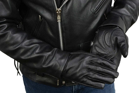 Man wearing Gel Palm Motorcycle Gloves For Men With Gel Padded Palm Black Leather Short Wrist Biker Gloves Size Large