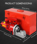 Qiokoith Portable Electric Rebar Cutter Tool With 1250W Pure Copper Motor dimensions with red protective box, cutting capacity shown.