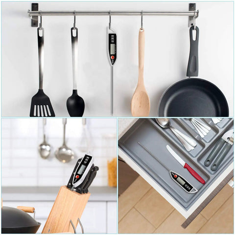 Meat Thermometer Digital Instant Read Thermometer For BBQ Grill Oil Milk Candy Bath Water Deep Fry Candle Temperature Kitchen Cookin Tool With Large Display And 10 Minute Auto Shut Off hanging among kitchen utensils.
