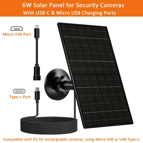 6W Outdoor Solar Panel Charger For Security Cameras With 5V USB Or USB-C Power Recharges Battery Cameras IP66 Waterproof