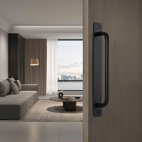 4 Pack Black Barn Door Handles For Sliding And Pocket Doors With Seven And A Half Inch Hole Center Comfortable Grip Aluminum Rustproof Pulls For Bifold Closet Doors And Modern Hardware Replacement Installed on Door