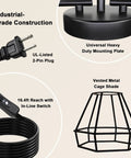 Components of Plug In Track Lighting Kit With 3 Light Directional Ceiling Fixtures In Black Farmhouse Style showing plug, cord, and cage shade.