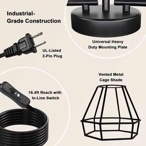 Components of Plug In Track Lighting Kit With 3 Light Directional Ceiling Fixtures In Black Farmhouse Style showing plug, cord, and cage shade.