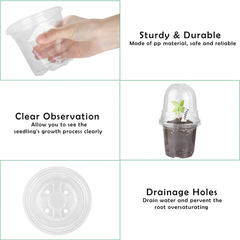 36 Packs 4 Inch Plant Nursery Pots With Humidity Dome Transparent Plastic Planters For Seed Starting Seedlings Indoor Outdoor Garden Kit With Plant Labels For Easy Growth Tracking showing drainage holes and clear observation features.