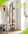 Freestanding Bamboo Coat Rack With Two Shelves And Eight Hooks, Easy Assembly, 12.6 Inch Storage Tray, in hallway.