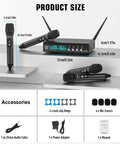 4 Channel UHF Wireless Microphone System with 4 Handheld Mics, metal receiver, accessories, dimensions shown.
