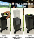 Beefy Protective Case For Golf Launch Monitor With Polycarbonate Shield showing tool-free setup steps indoors