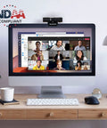 Top Tier 1080P Usb Webcam With Slick Privacy Shutter dual onboard mics mounted on a desktop monitor during a video call