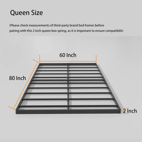 Queen Size 2 Inch Low Profile Bunkie Board With Reinforced Steel Slats dimensions of 60x80 inches for mattress support.