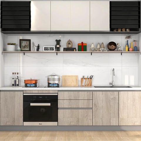 Modern kitchen with built-in appliances, decorative items on shelves, and wood cabinets.