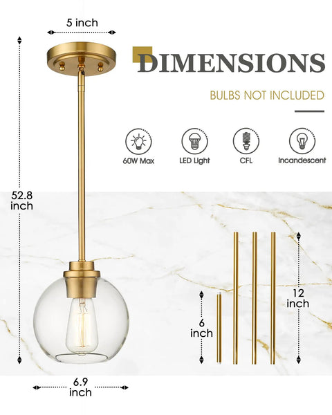 Dimensions of Two Pack Brass Pendant Lights With Clear Glass Globe Shades, highlighting size and adjustable rods for hanging.