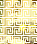 Gold 64 Piece DIY Mirror Wall Sticker Set Removable Adhesive Decals showing geometric Greek key pattern in a modern living room.