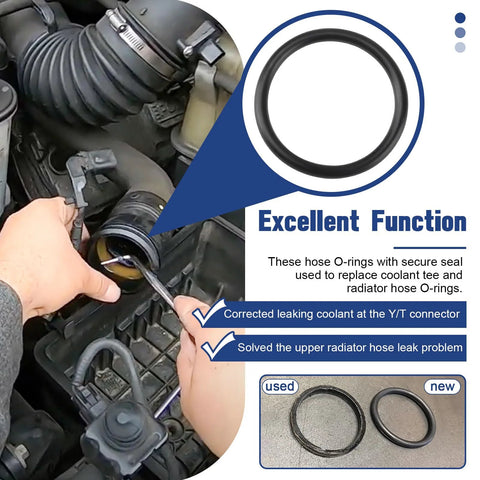 Radiator hose O-ring kit, 3-pack, black rubber, being installed in engine bay.