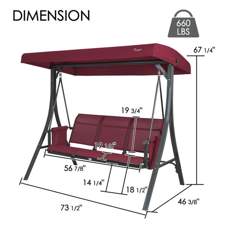 Dimensions of Outdoor Porch Swing Glider With Adjustable Canopy And Weather Resistant Steel Frame in taupe brown.