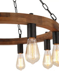 Close-up of Round Wagon Wheel Chandelier With Eight Lights, Rustic Farmhouse Pendant Fixture and openwork wood frame
