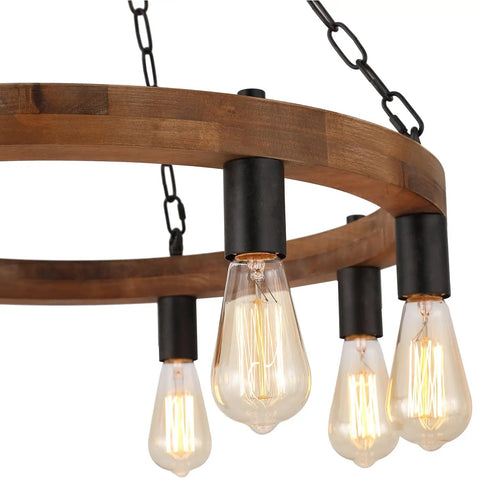 Close-up of Round Wagon Wheel Chandelier With Eight Lights, Rustic Farmhouse Pendant Fixture and openwork wood frame