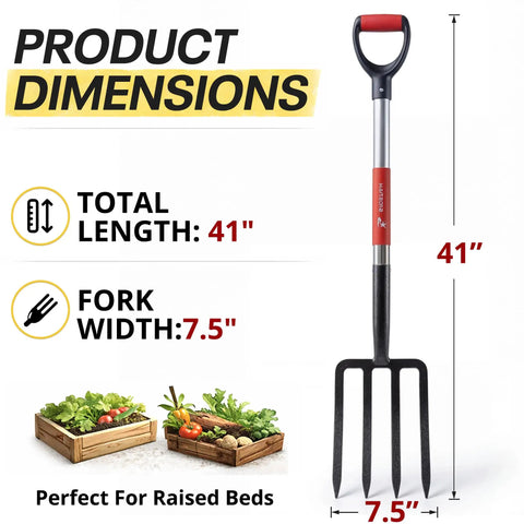 Beefy Forged Steel Spading Fork With D Grip Handle 41 Inch, 4 Tine Digging Fork dimensions shown for hard soil use