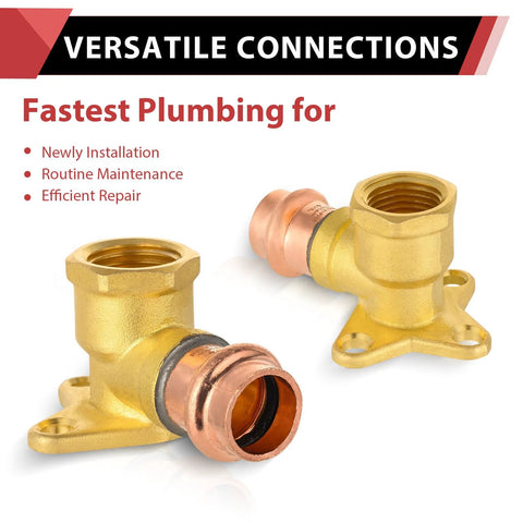 Two copper 1/2-in press-fit x 1/2-in female NPT drop-ear 90° elbow plumbing fittings, flange mount