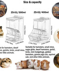 Clear Acrylic Automatic Pet Food Dispenser 300ml For Small Animals And Birds shown with size and capacity details for hamsters.