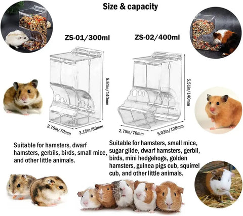Clear Acrylic Automatic Pet Food Dispenser 300ml For Small Animals And Birds shown with size and capacity details for hamsters.