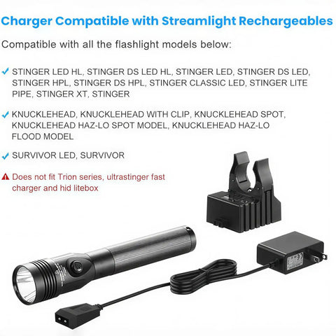 Base Charger Power Cord For Stinger HP DS HPL Series And Strion LED HL Flashlights Litebox Lantern Survivor Knucklehead UltraStinger Polystinger Rechargeable Lights Without Base Included, shown with compatible flashlights and charging bases.