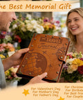 Badass Vintage Leather Scrapbook Album With Sixty Pages Memory Book And Hella Cute Travel Journal Kit For DIY Photo Keepsakes And Totally Sweet Anniversary Gifts Featuring Metal Rivet Binding And Complete Craft Supplies Inside held by a man in a flower shop.