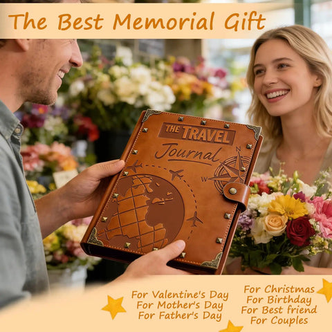 Badass Vintage Leather Scrapbook Album With Sixty Pages Memory Book And Hella Cute Travel Journal Kit For DIY Photo Keepsakes And Totally Sweet Anniversary Gifts Featuring Metal Rivet Binding And Complete Craft Supplies Inside held by a man in a flower shop.