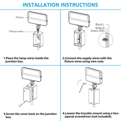 Installation instructions for 3CCT 100W Knuckle Mount LED Flood Light With 13,000LM, Outdoor Security Flood Light.