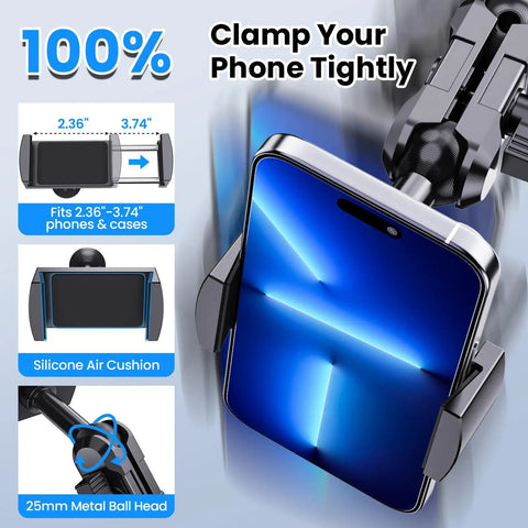 Heavy Duty Metal Phone Mount For Jeep Wrangler JK JKU 2011 To 2018 Dash Holder showing phone clamped tightly with silicone air cushion and metal ball head.