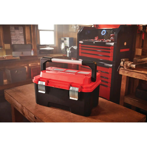 Heavy Duty 20 Inch Lockable Tool Box With Cantilever Tray Removable Cups Transparent Lid Windows And Easy Access Compartments for Hand Tools Nuts And Bolts Perfect For Your Home Garage Or Mobile Job Site on workbench