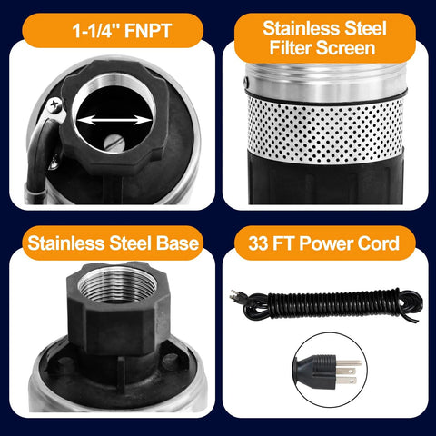 WASSERMANN 4-inch bottom-suction submersible pump with stainless base, 1-1/4 FNPT inlet, stainless steel filter screen, 33 ft cord.