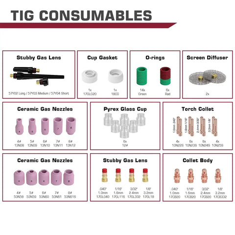 TIG Welding Torch Accessories Must-Have All-In-One 71-Piece Kit With Alumina Nozzles, Collets, Stubby Gas Lens, Glass Cups