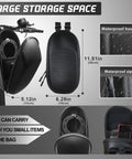 Large storage carrying case attached to electric scooter with waterproof housing and zipper, dimensions 11.81in x 6.29in x 5.12in.