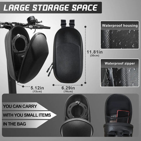 Large storage carrying case attached to electric scooter with waterproof housing and zipper, dimensions 11.81in x 6.29in x 5.12in.