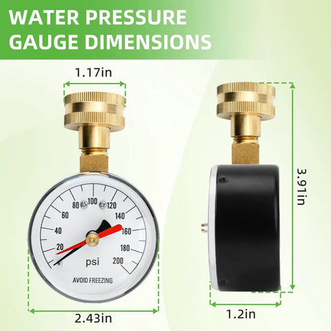 Side and front view of High Accuracy Zero To Two Hundred Psi Water Pressure Gauge for Home Faucets and Garden Hoses with red indicator