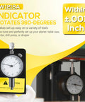 Dial Indicator With 360 Degree Rotation And Heavy Magnetic Base For Planers And Woodworking Machinery Built To Last, Delivers Precision To Within 0.001 Inch, displaying accuracy and measurement.