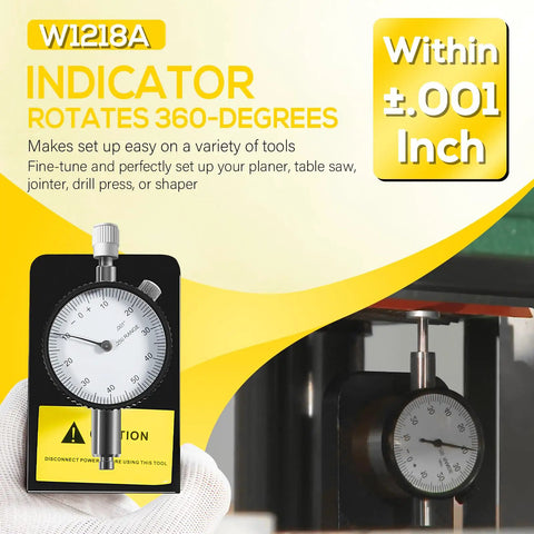 Dial Indicator With 360 Degree Rotation And Heavy Magnetic Base For Planers And Woodworking Machinery Built To Last, Delivers Precision To Within 0.001 Inch, displaying accuracy and measurement.