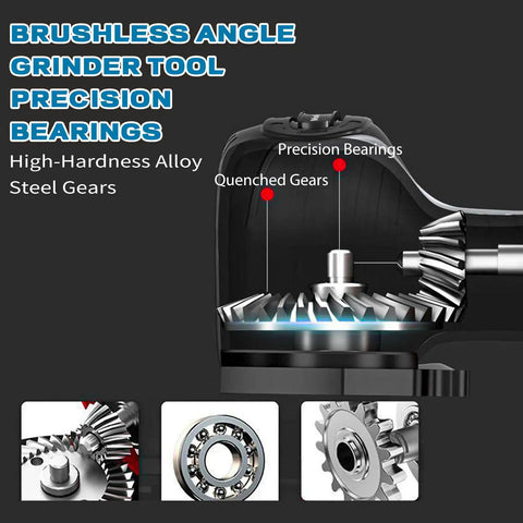 Cross-section of powerful cordless angle grinder kit with 13000RPM speed, displaying precision bearings and hardened steel gears.