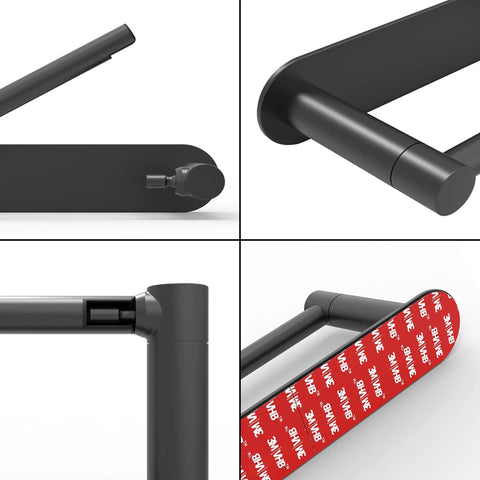 Stick-On Matte Black Adhesive Toilet Paper Holder With Double Pivot Posts No Drill Rustproof Stainless Steel And Zinc Alloy Bathroom Roll Holder For Easy One-Handed Paper Change, showing details of mounting adhesive and pivot posts.